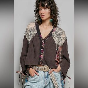 Boho Patchwork V-Neck Peasant Top